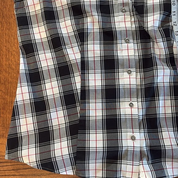 Talbots non iron cotton perfect shirt parade plaid collared blk wht red buttoned - Picture 10 of 12